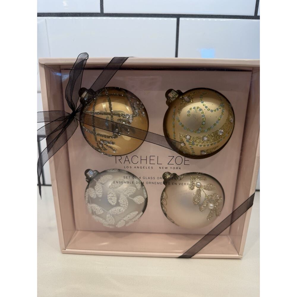 Rachel Zoe Silver Gold Beaded Round Glass Christmas Ornaments 4 Pc New!!